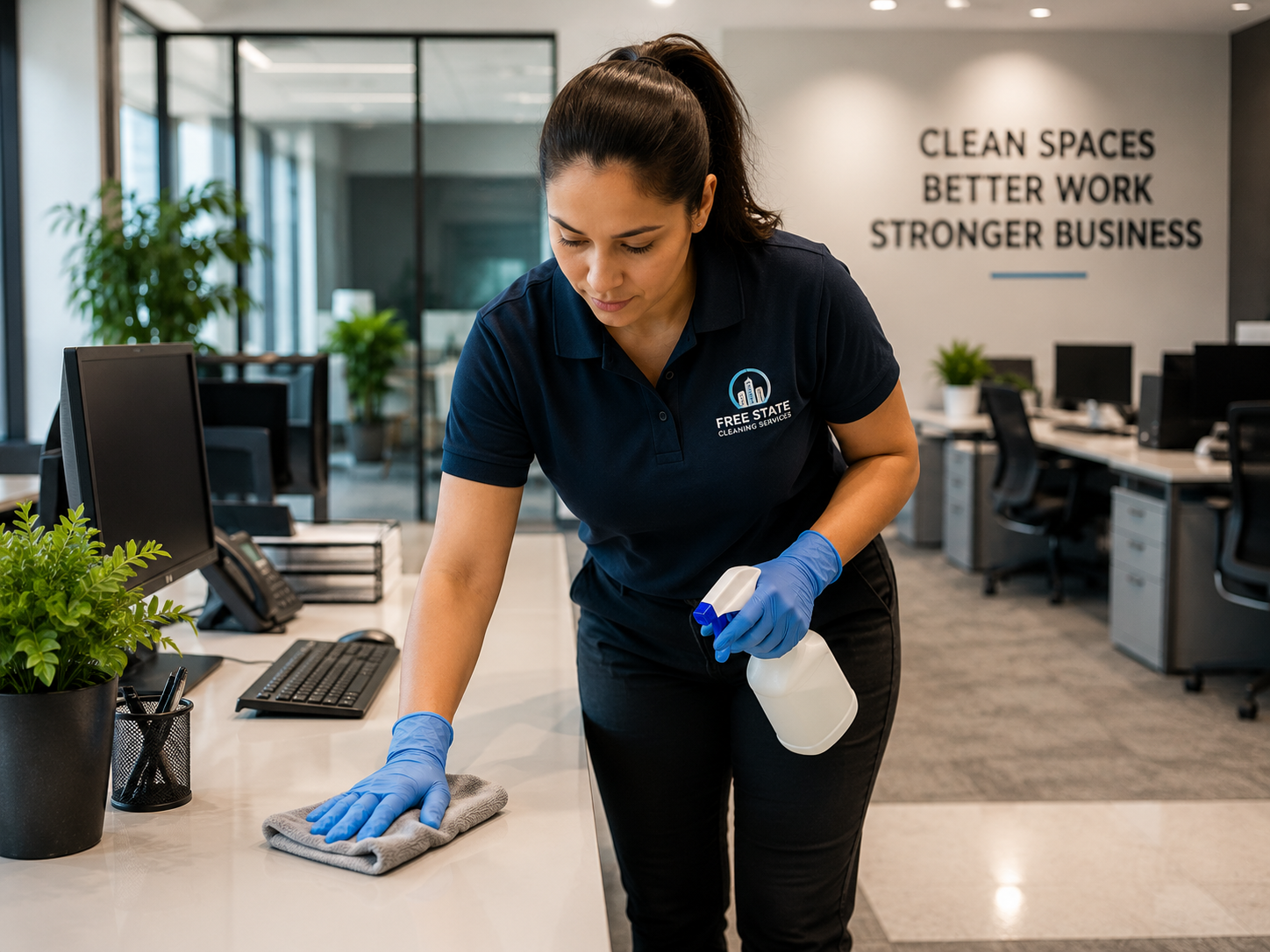 Professional cleaner disinfecting office workspace in Linthicum Heights MD