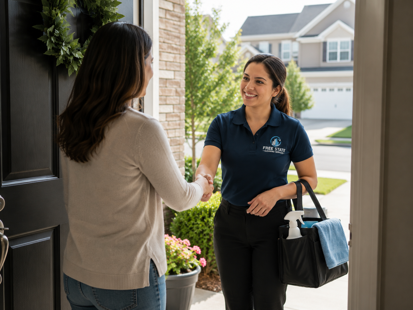 Homeowner greeting a professional residential cleaner at the front door of a home in Linthicum Heights, Maryland.