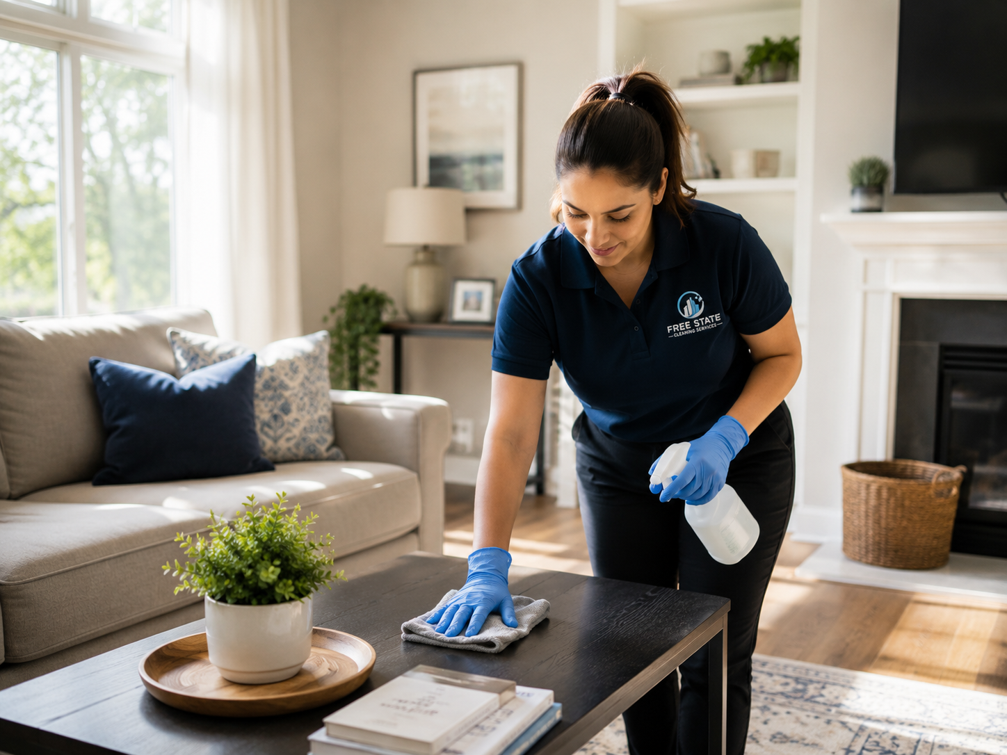 Professional residential cleaner cleaning a modern living room in a home in Linthicum Heights, Maryland.