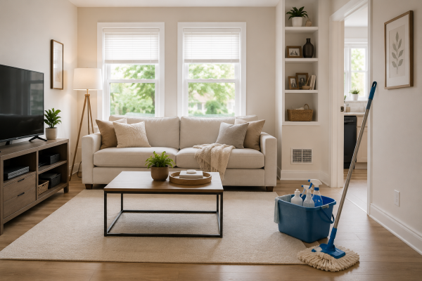 Clean modern living room after professional house cleaning service in Linthicum Heights MD